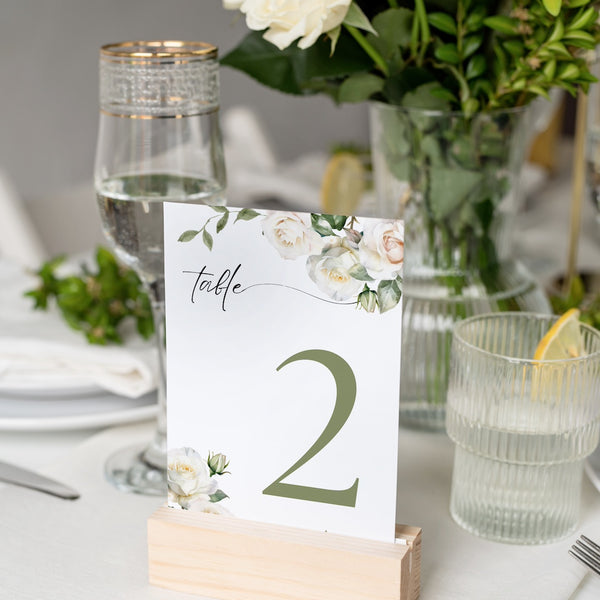 white roses floral table number for wedding tables - luxury wedding table numbers personalised