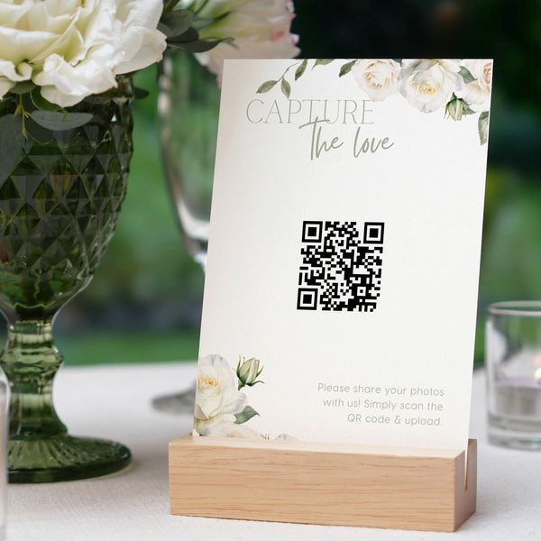 white roses photo sharing qr code sign for wedding tables - luxury wedding table signage for guests to share photos