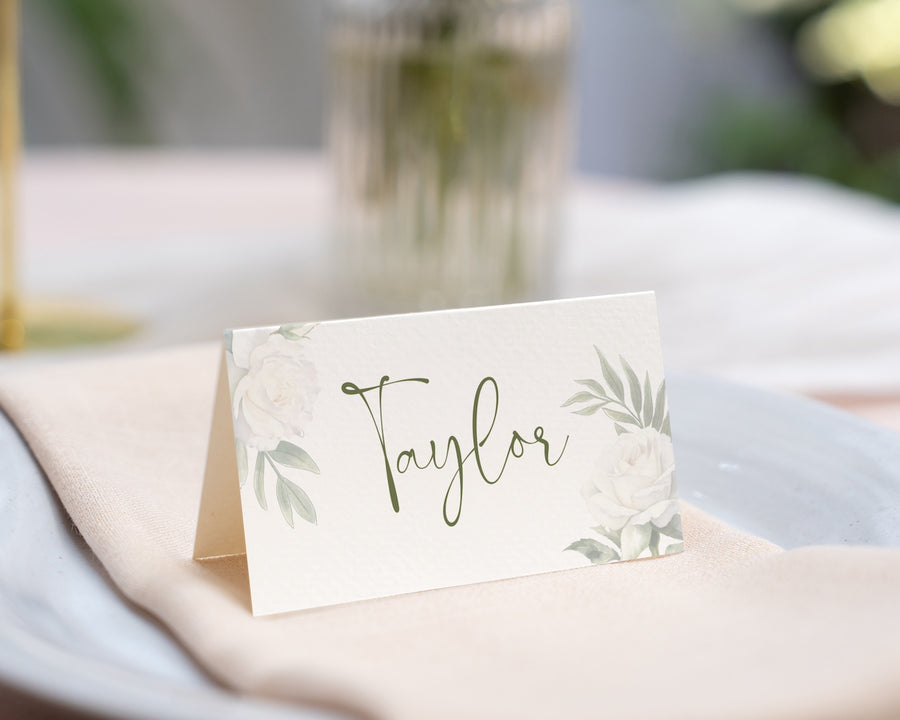 Luxury Handwritten Place Cards for Wedding - Standing Place Cards - white roses minimalist name cards for wedding tables