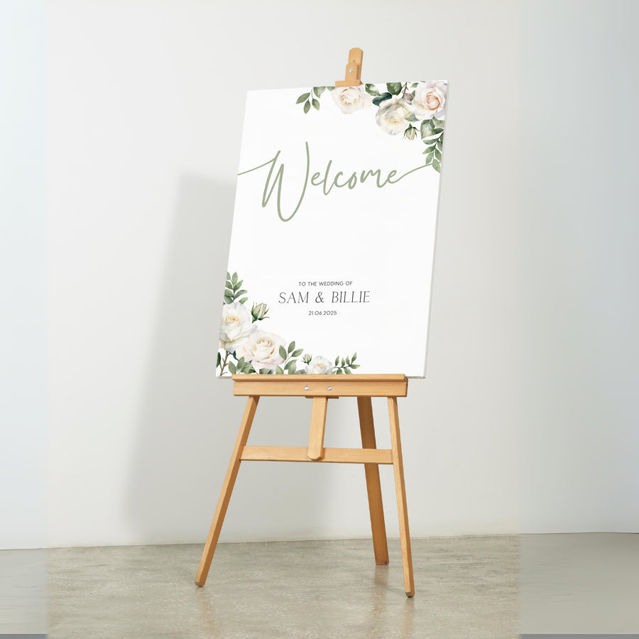 White Roses wedding welcome sign - A personalised wedding sign, adorned with beautifully designed white roses and elegant sage green text.