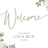 White Roses wedding welcome sign - A personalised wedding sign, adorned with beautifully designed white roses and elegant sage green text.