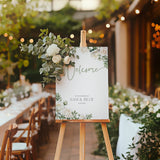 White Roses wedding welcome sign - A personalised wedding sign, adorned with beautifully designed white roses and elegant sage green text.
