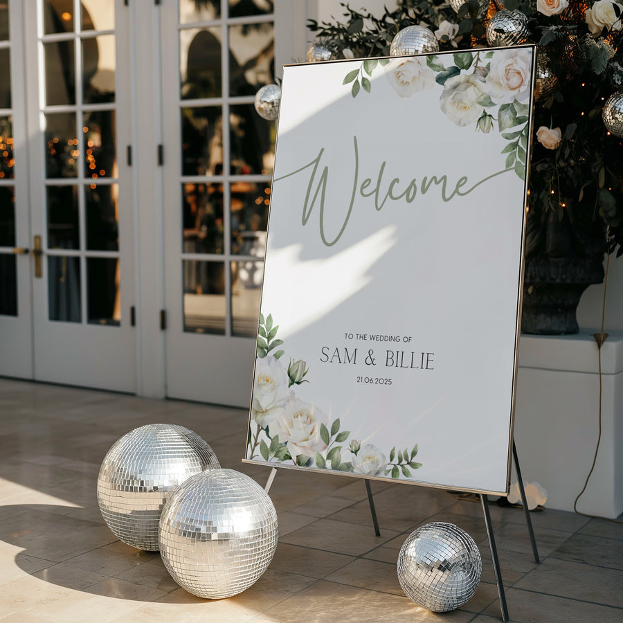 White Roses wedding welcome sign - A personalised wedding sign, adorned with beautifully designed white roses and elegant sage green text.