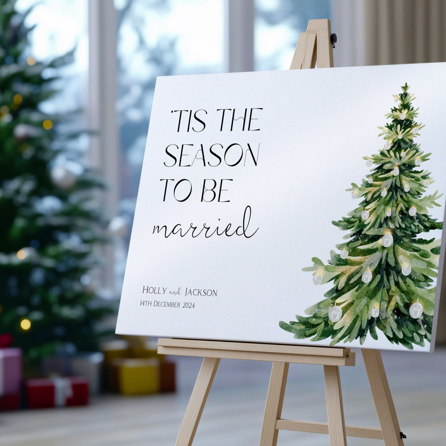 white festive welcome sign - Tis the season to be married winter wedding welcome sign - personalised wedding signage 