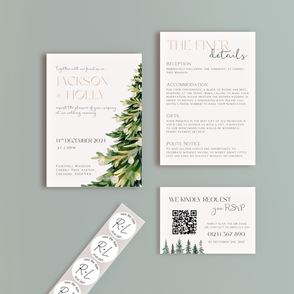 winter festive wedding stationery essentials bundle - wedding stationery bundle customised - wedding invites bundle with rsvp - personalised wedding invites rsvp bundle