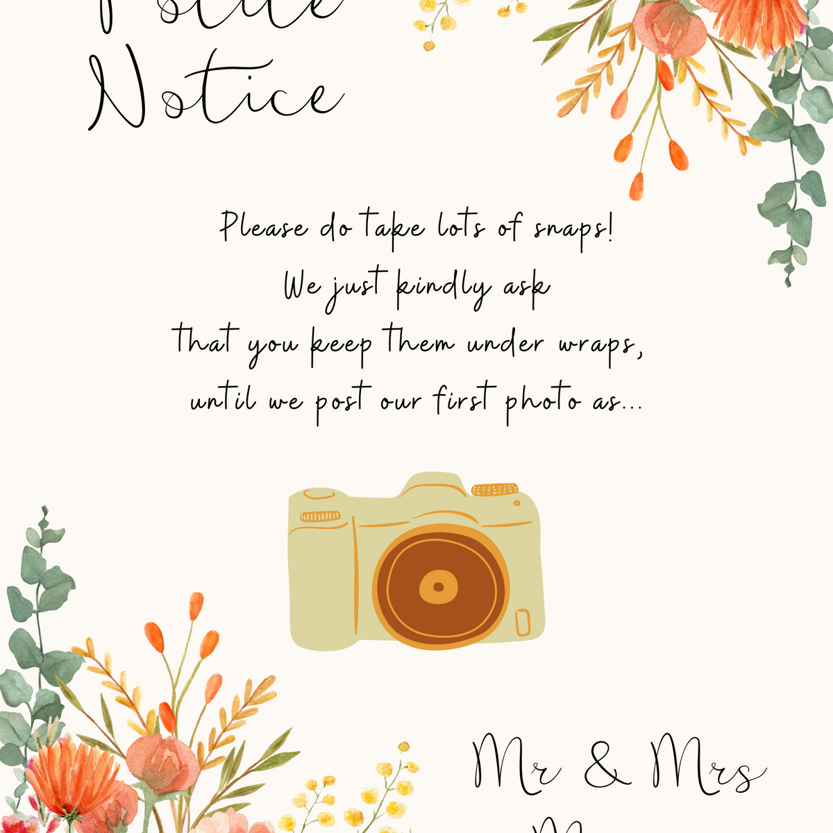 autumn wedding polite notice sign for wedding - social media posting sign for wedding guests