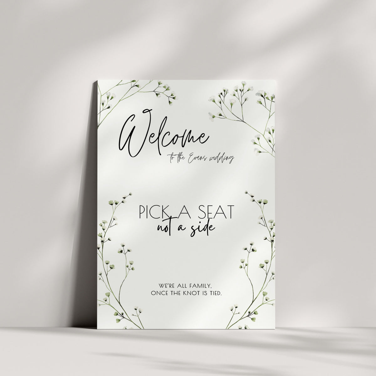 gypsophila floral wedding ceremony pick a seat, not a side sign - personalised wedding welcome board with baby's breath flowers