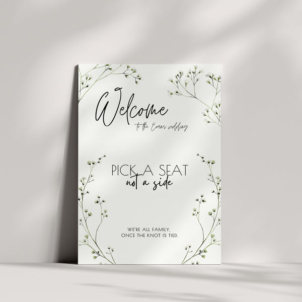 gypsophila floral wedding ceremony pick a seat, not a side sign - personalised wedding welcome board with baby's breath flowers