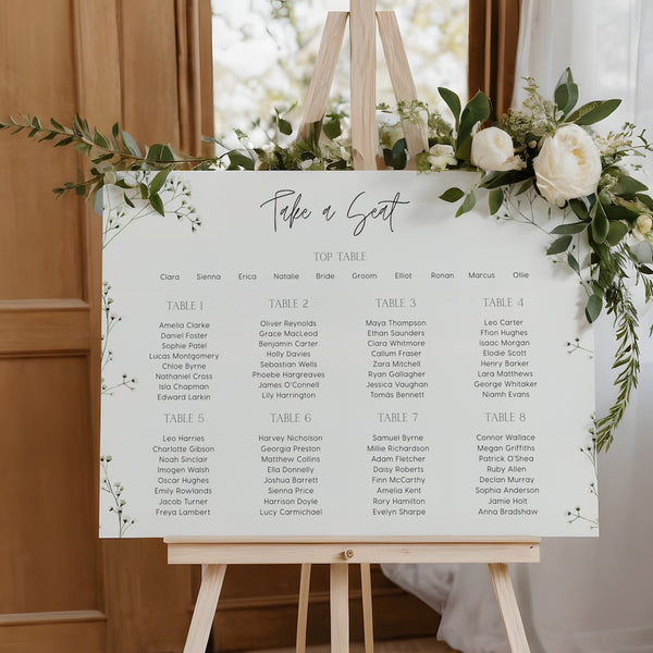 Baby's breath floral wedding seating plan sign - personalised wedding signs