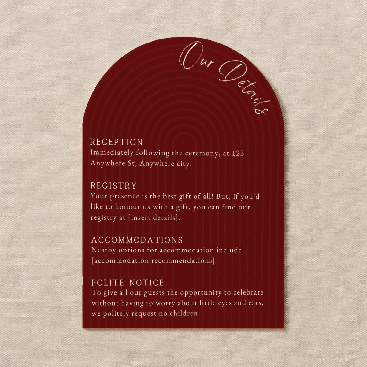luxury arch shaped wedding invitations in romantic burgundy - fully personalised elegant wedding invitations premium