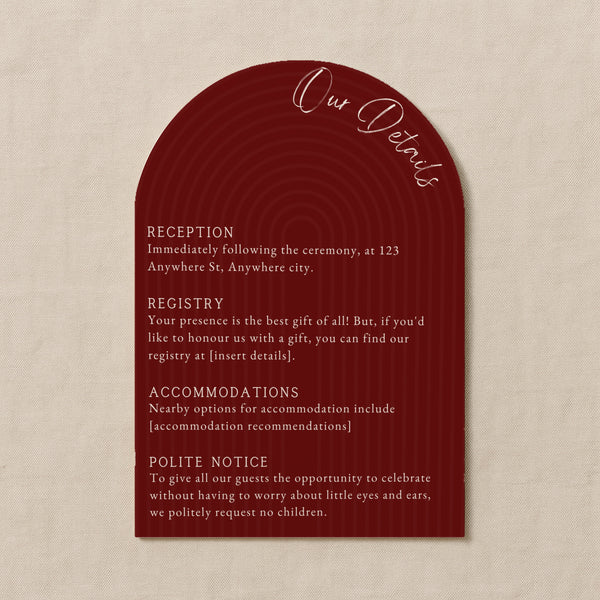 luxury arch shaped wedding invitations in romantic burgundy - fully personalised elegant wedding invitations premium