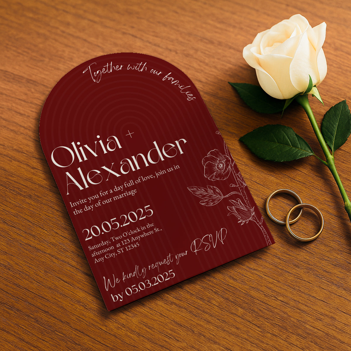 luxury arch shaped wedding invitations in romantic burgundy - fully personalised elegant wedding invitations premium