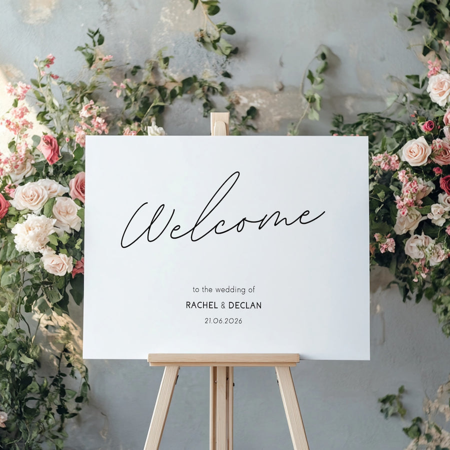 dreamy white simple welcome sign for wedding - personalised plain wedding welcome board - elegant and understated