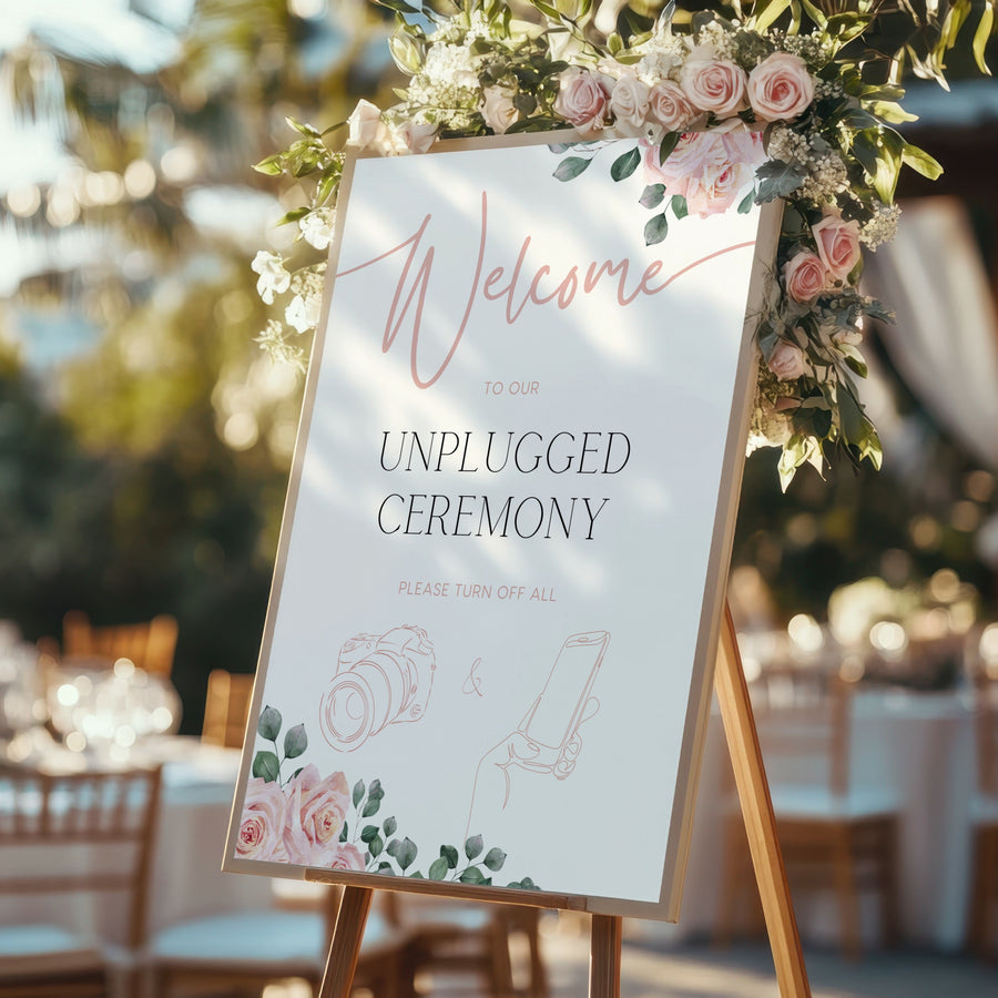 Pink Roses floral unplugged ceremony sign, in an elegant layout to impress your guests. Custom unplugged ceremony wedding board for unplugged wedding