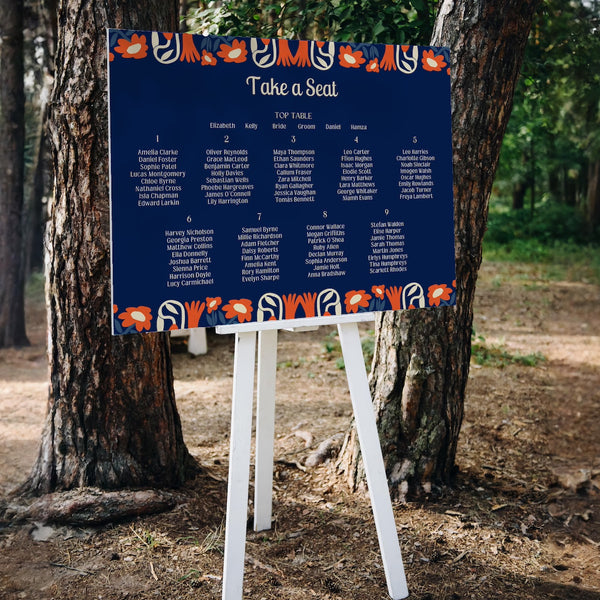 retro navy wedding seating plan personalised - custom wedding seating chart