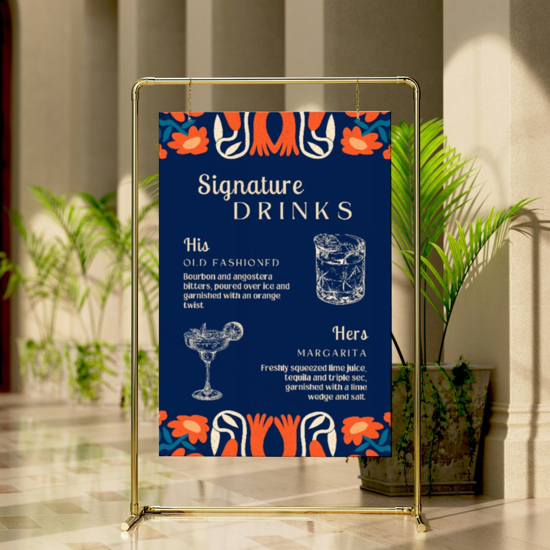 navy retro signature drinks sign - affordable personalised wedding drinks sign