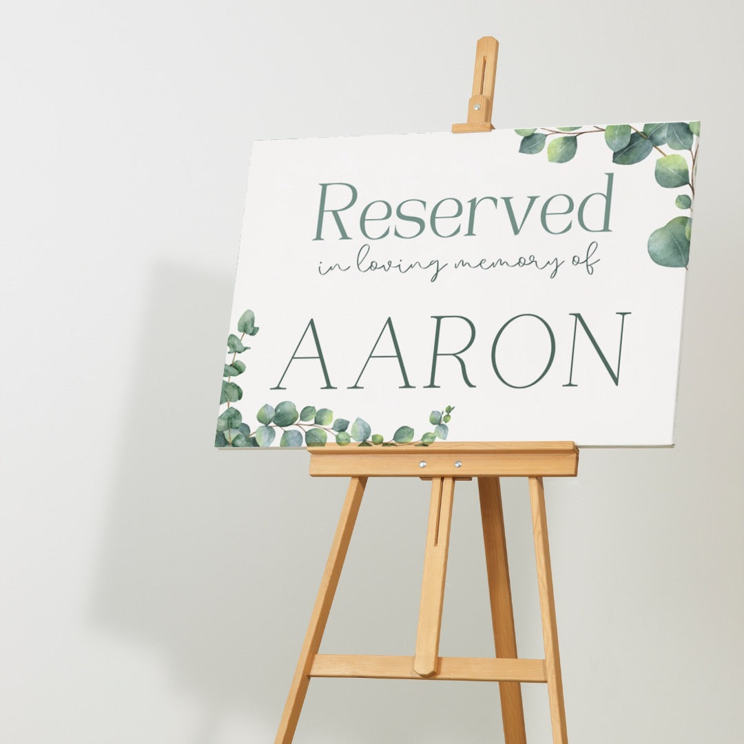 eucalyptus reserved in memory wedding chair sign - wedding ceremony signs