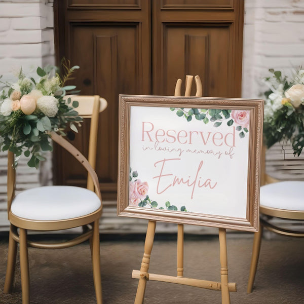 pink roses floral reserved in memory wedding chair sign - affordable wedding signs