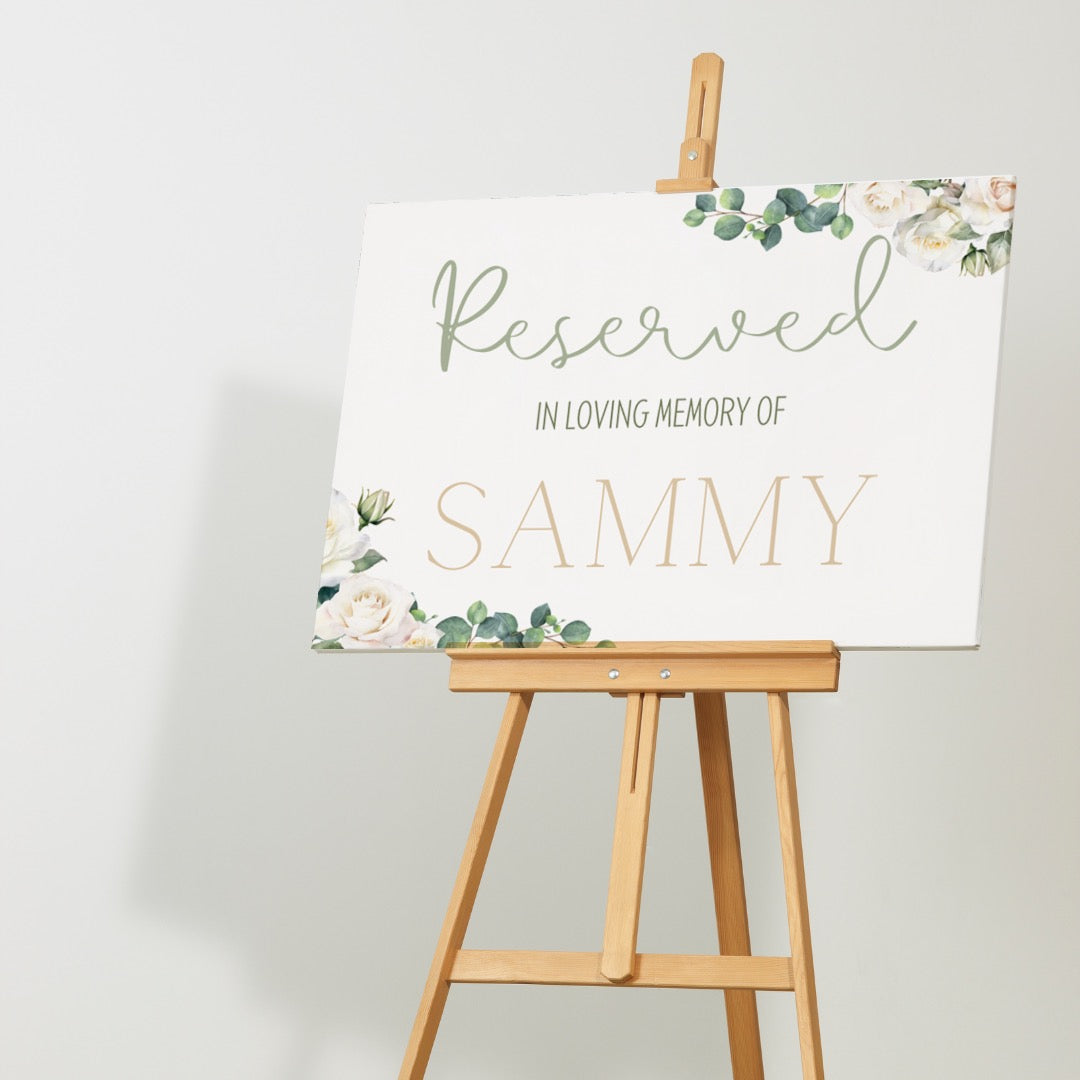 white roses floral reserved in memory wedding chair sign - affordable wedding signs