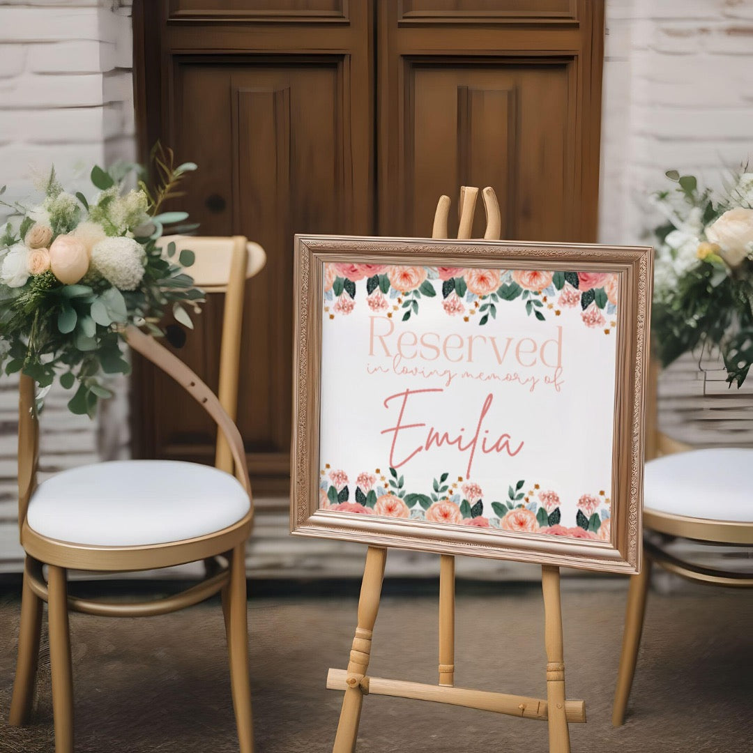 pink and peach floral reserved in memory wedding chair sign - affordable wedding signs