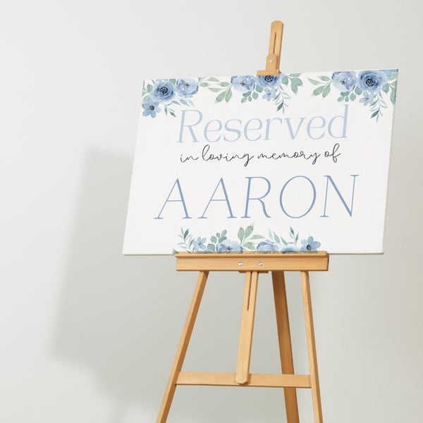 blue floral reserved in memory wedding chair sign - affordable wedding signs