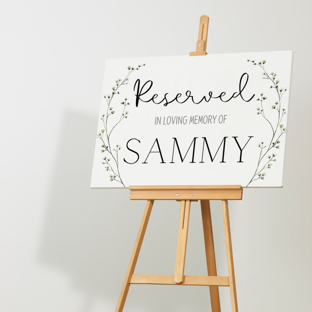 baby's breath floral reserved in memory wedding chair sign - affordable wedding signs