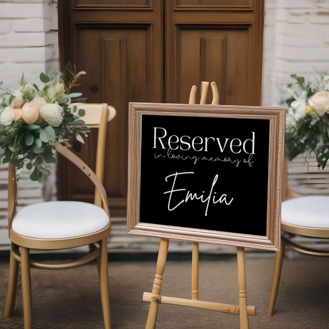 Timeless black reserved in memory chair sign - affordable wedding signs