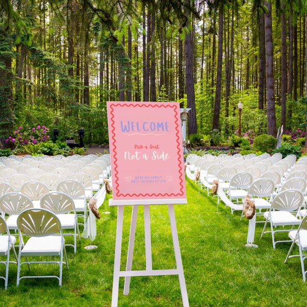 pink and red pick a seat not a side sign - affordable wedding ceremony sign