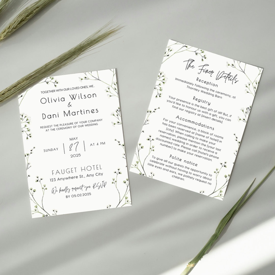 baby's breath floral wedding invites - affordable personalised wedding invitations