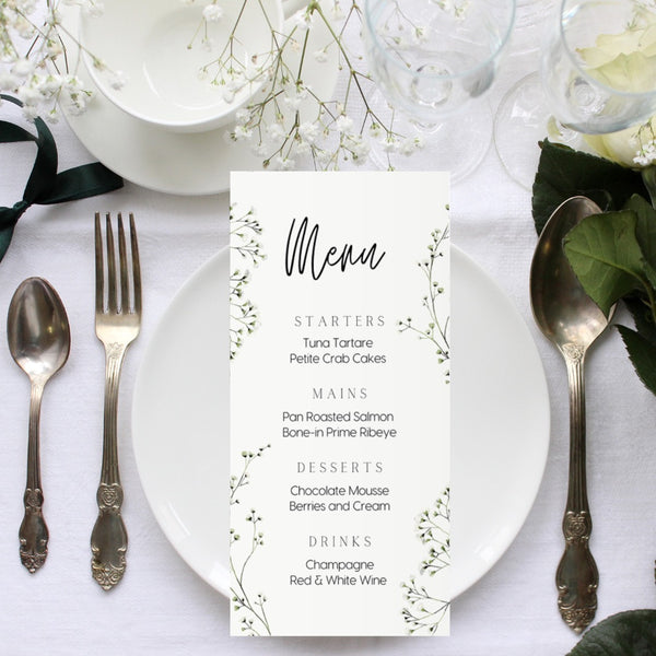 baby's breath floral personalised wedding menu - affordable custom wedding menus