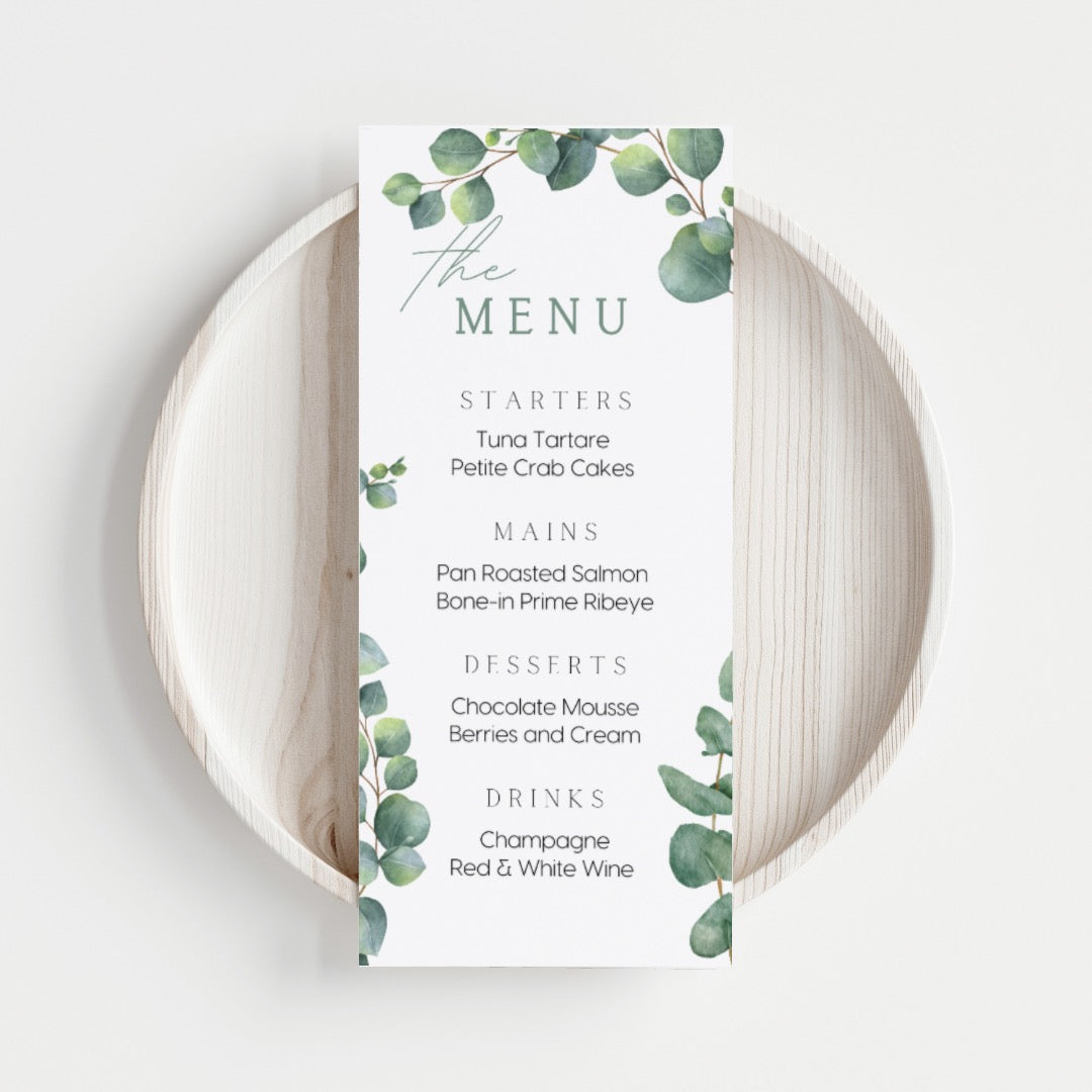 eucalyptus personalised wedding menu - affordable custom wedding menus