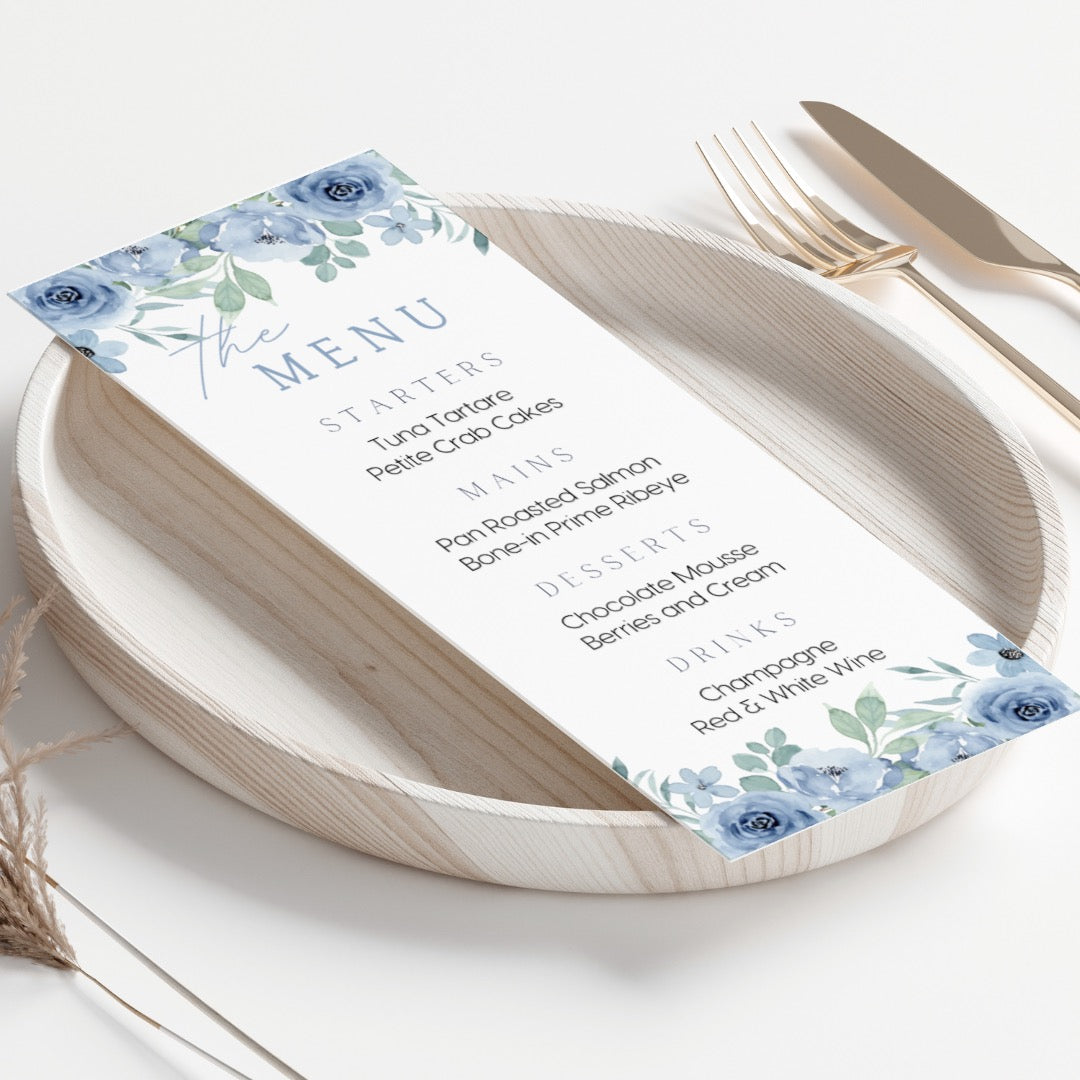 blue floral personalised wedding menu - affordable custom wedding menus