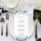 blue floral personalised wedding menu - affordable custom wedding menus