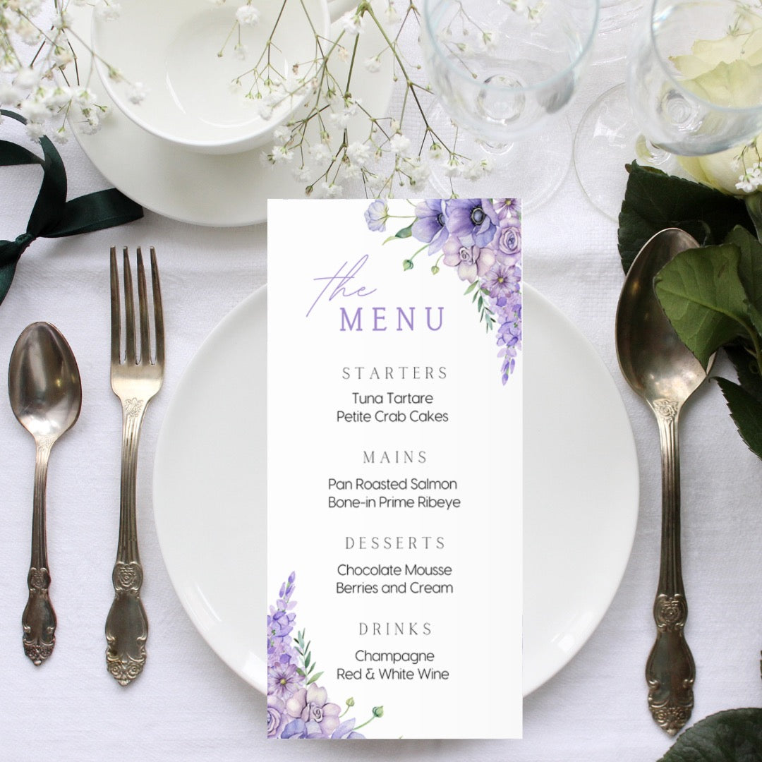 lilac and lavender floral personalised wedding menu - affordable custom wedding menus