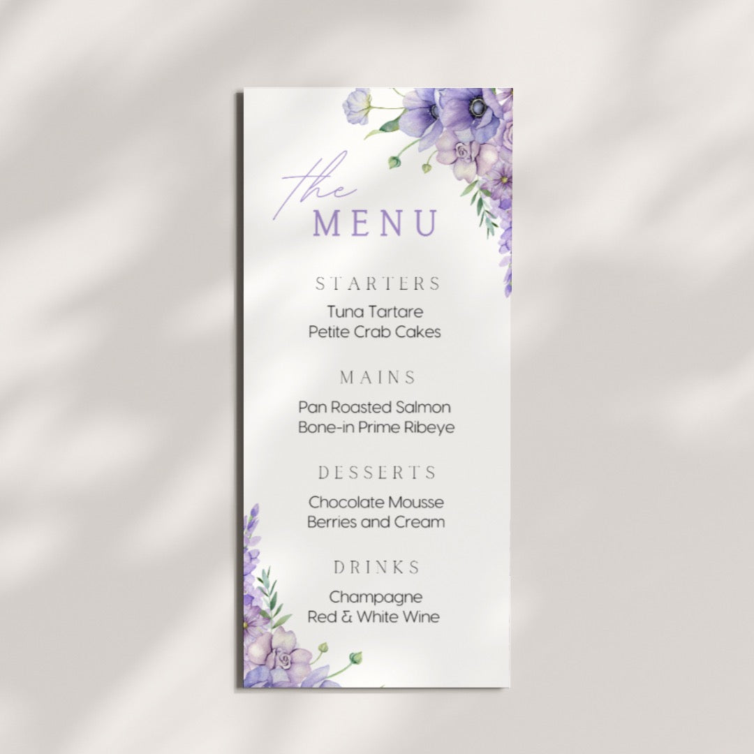 lilac and lavender floral personalised wedding menu - affordable custom wedding menus