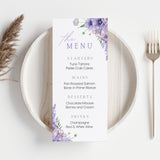 lilac and lavender floral personalised wedding menu - affordable custom wedding menus