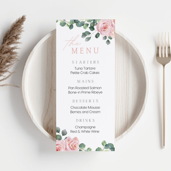 Pink Roses Floral Wedding Menu