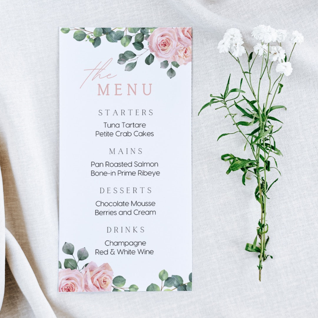 pink roses floral personalised wedding menu - affordable custom wedding menus