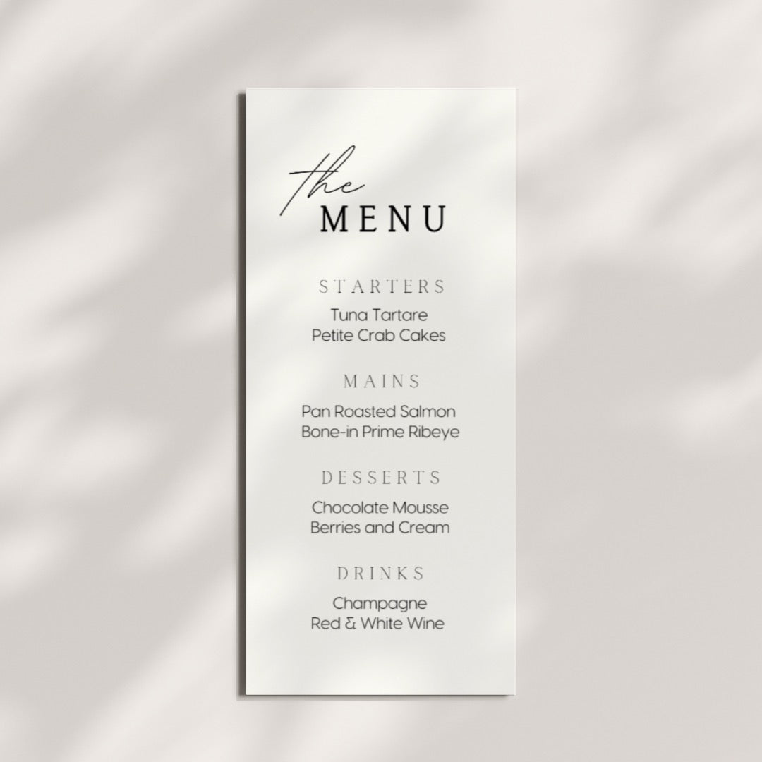 minimalist custom wedding menu - affordable personalised wedding menus