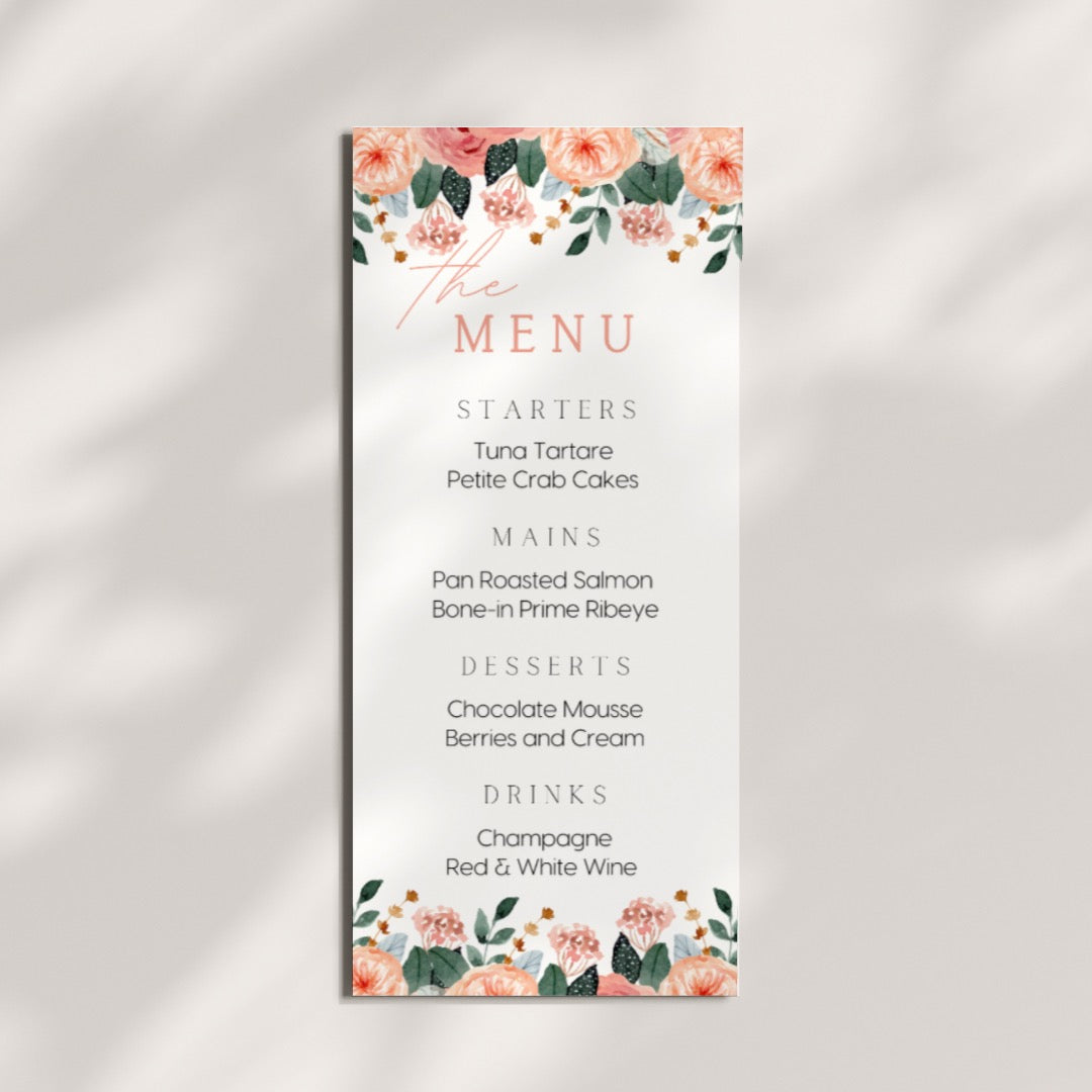 pink and peach floral personalised wedding menu - affordable custom wedding menus