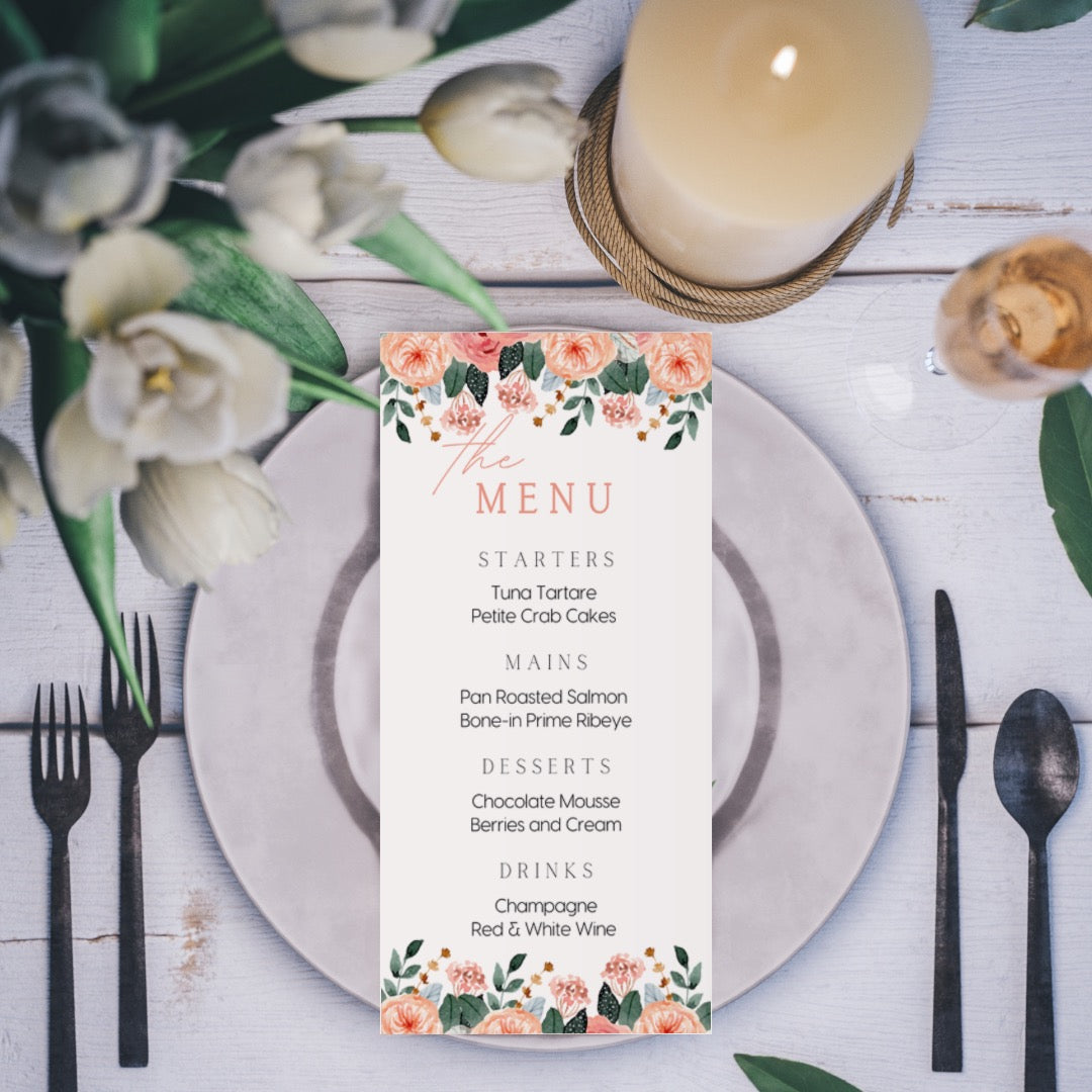 pink and peach floral personalised wedding menu - affordable custom wedding menus