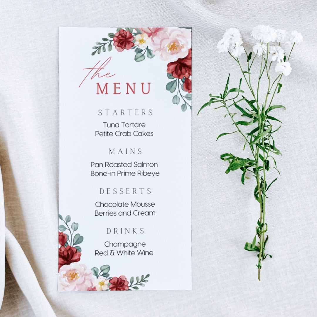 red and cream floral personalised wedding menu - affordable custom wedding menus