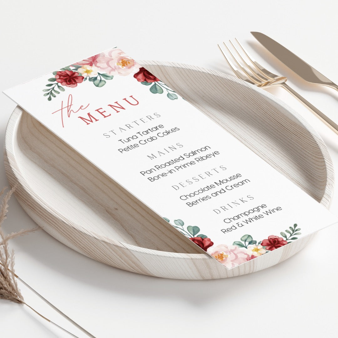 red and cream floral personalised wedding menu - affordable custom wedding menus