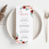 red and cream floral personalised wedding menu - affordable custom wedding menus