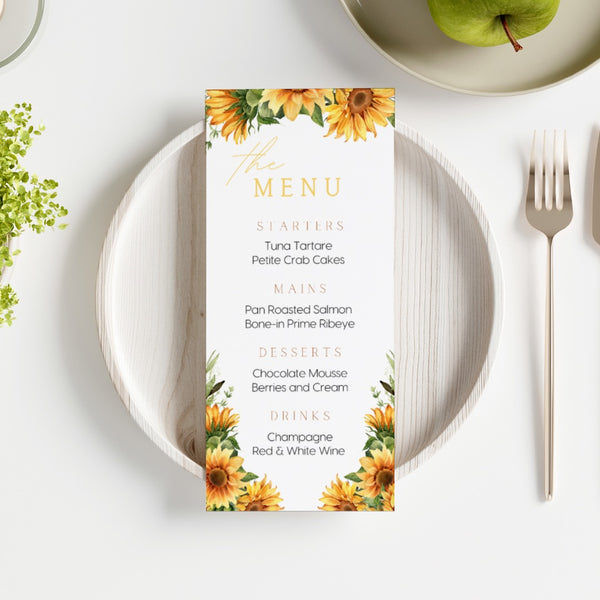 Sunflowers Floral Wedding Menu