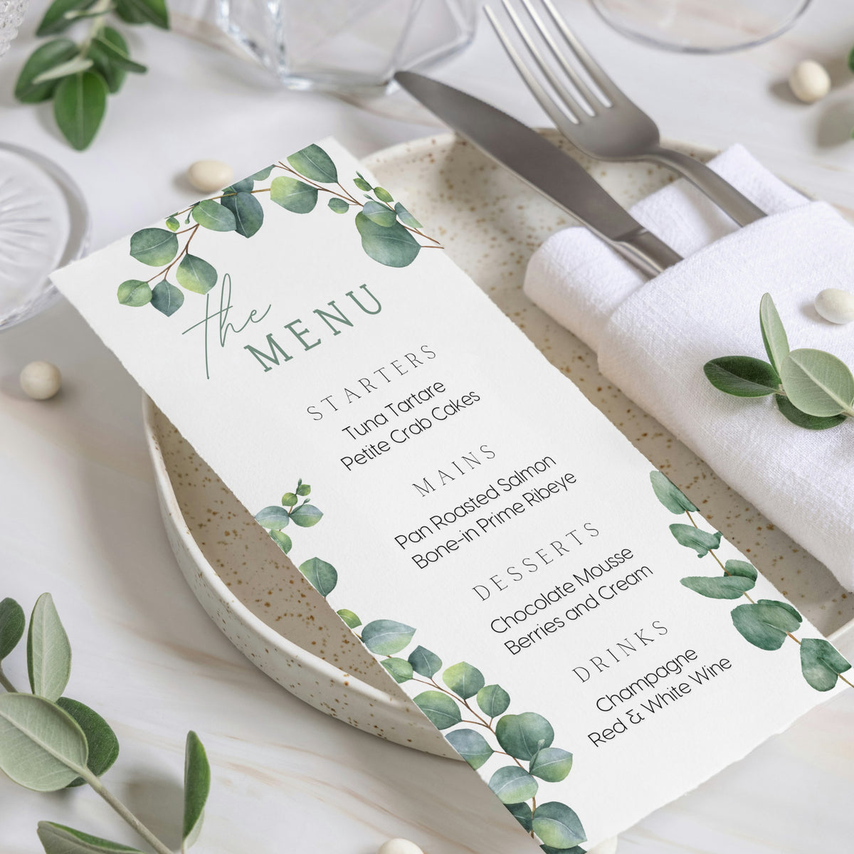 eucalyptus personalised wedding menu - affordable custom wedding menus