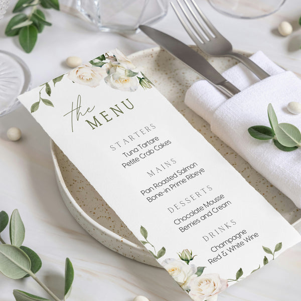 white roses floral personalised wedding menu - affordable custom wedding menus