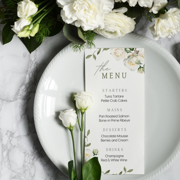 White Roses Floral Wedding Menu