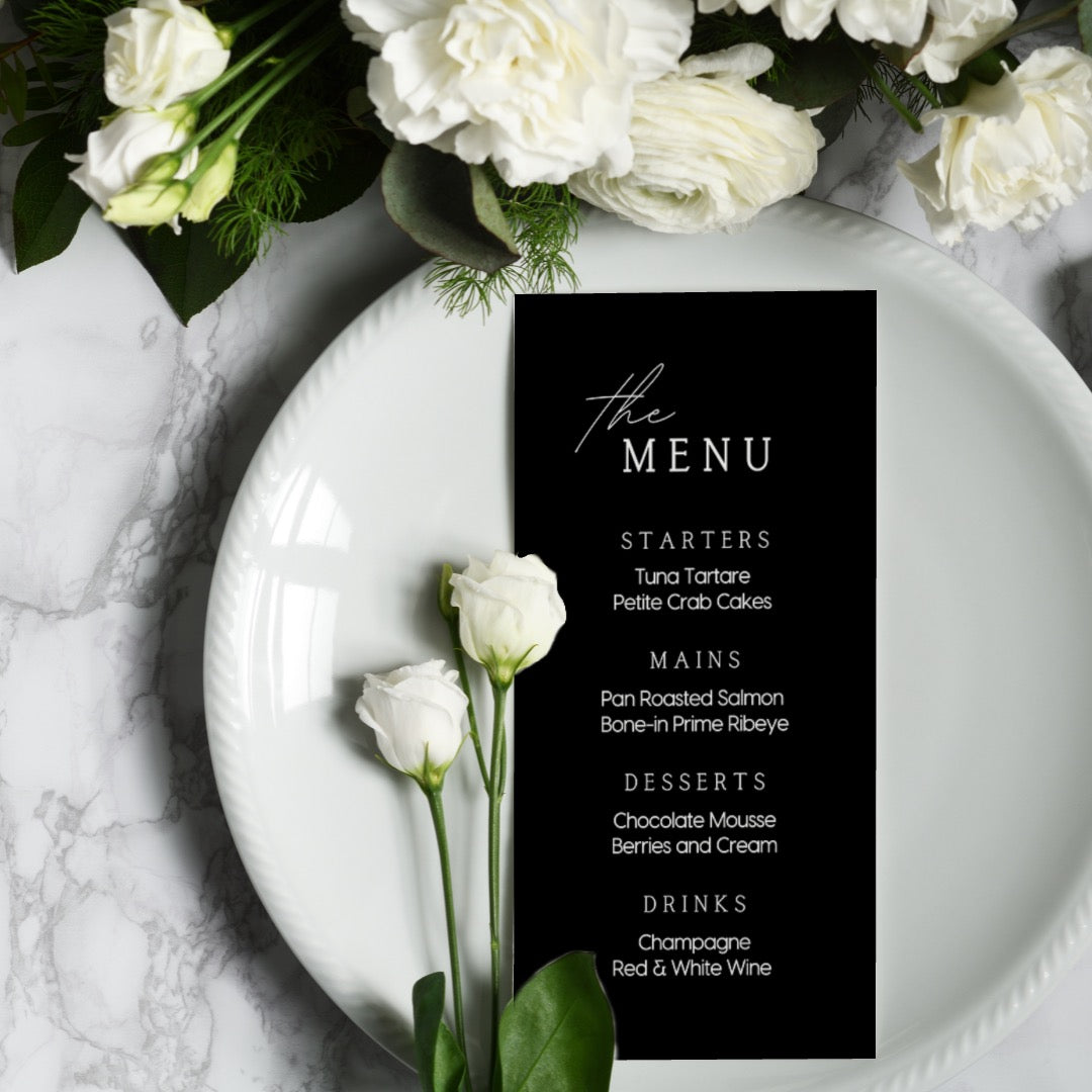 timeless black personalised wedding menu - affordable custom wedding menus