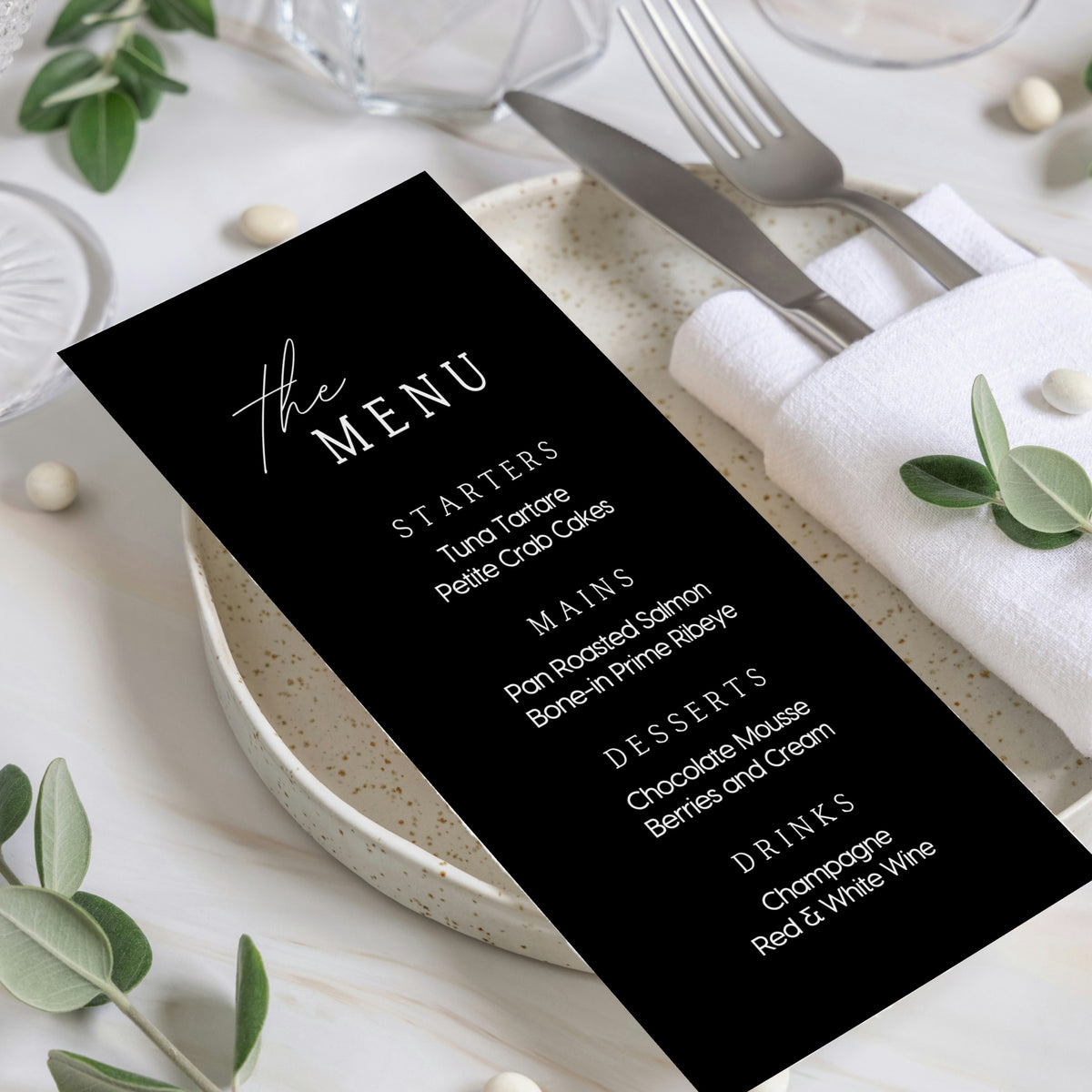 timeless black personalised wedding menu - affordable custom wedding menus